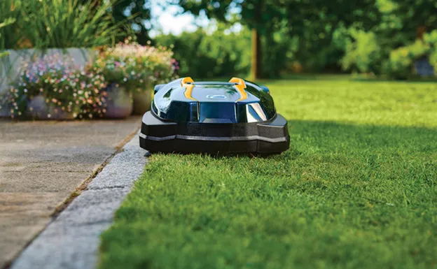 Tondeuse robot noire et jaune sur une pelouse verte impeccable, près d'une allée à Brûlon dans la Sarthe 72